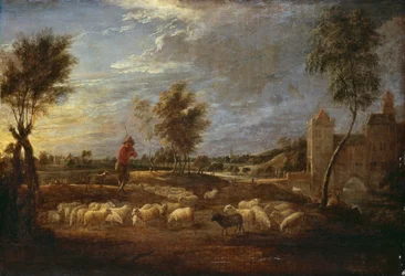 Sonnenuntergangslandschaft mit einem Hirten und seiner Herde